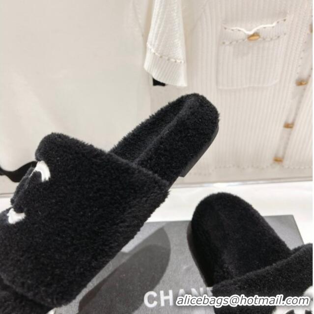 Best Product Chanel Shearling Flat Slide Sandals Black 090723