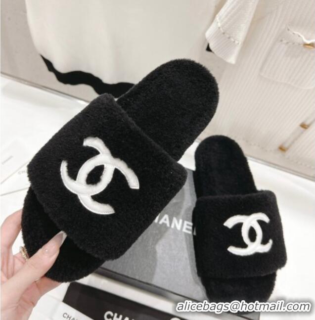 Best Product Chanel Shearling Flat Slide Sandals Black 090723