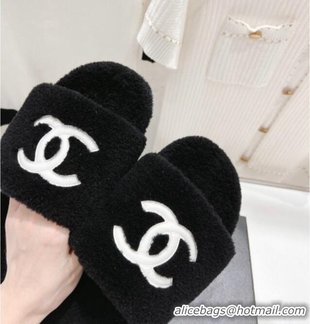 Best Product Chanel Shearling Flat Slide Sandals Black 090723