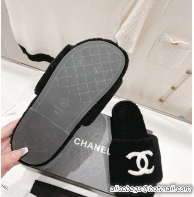 Best Product Chanel Shearling Flat Slide Sandals Black 090723