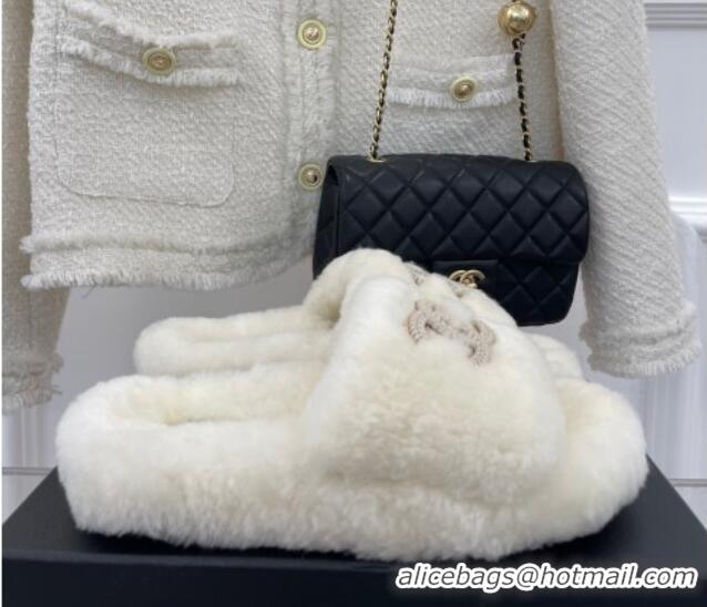 Purchase Chanel Shearling Flat Slide Sandals White 090724