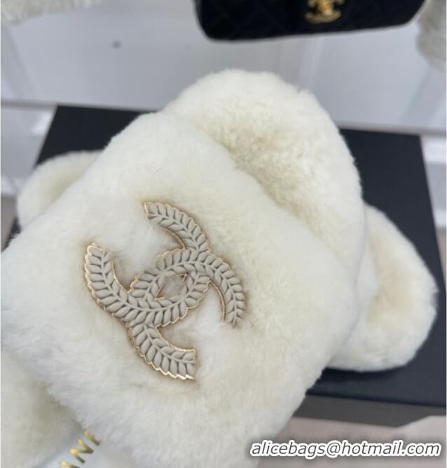 Purchase Chanel Shearling Flat Slide Sandals White 090724