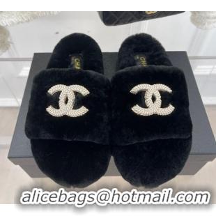 Trendy Design Chanel Shearling Flat Slide Sandals Black 090725