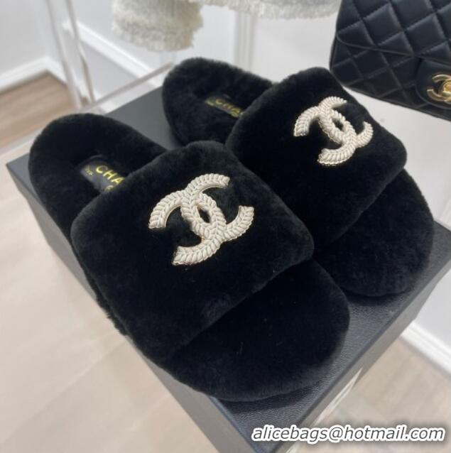 Trendy Design Chanel Shearling Flat Slide Sandals Black 090725