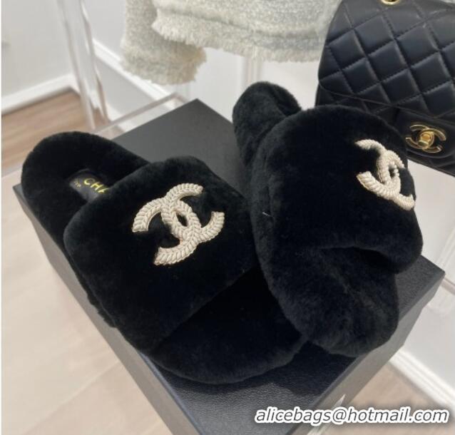 Trendy Design Chanel Shearling Flat Slide Sandals Black 090725