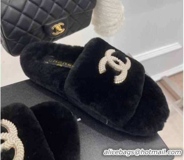 Trendy Design Chanel Shearling Flat Slide Sandals Black 090725