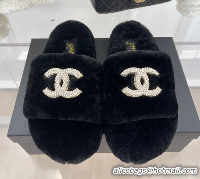 Trendy Design Chanel Shearling Flat Slide Sandals Black 090725