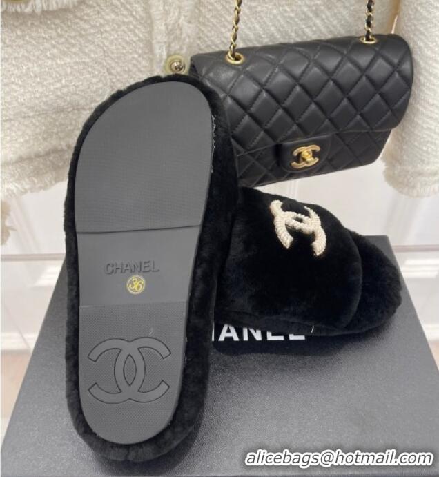 Trendy Design Chanel Shearling Flat Slide Sandals Black 090725