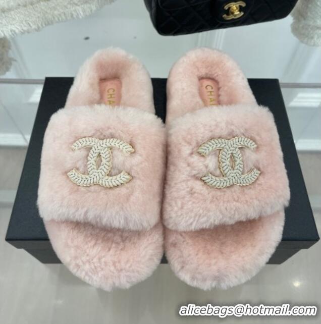 Good Taste Chanel Shearling Flat Slide Sandals Pink 090726