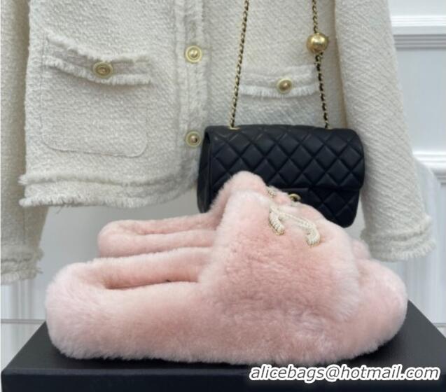 Good Taste Chanel Shearling Flat Slide Sandals Pink 090726