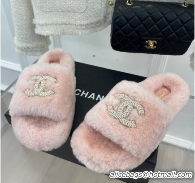 Good Taste Chanel Shearling Flat Slide Sandals Pink 090726