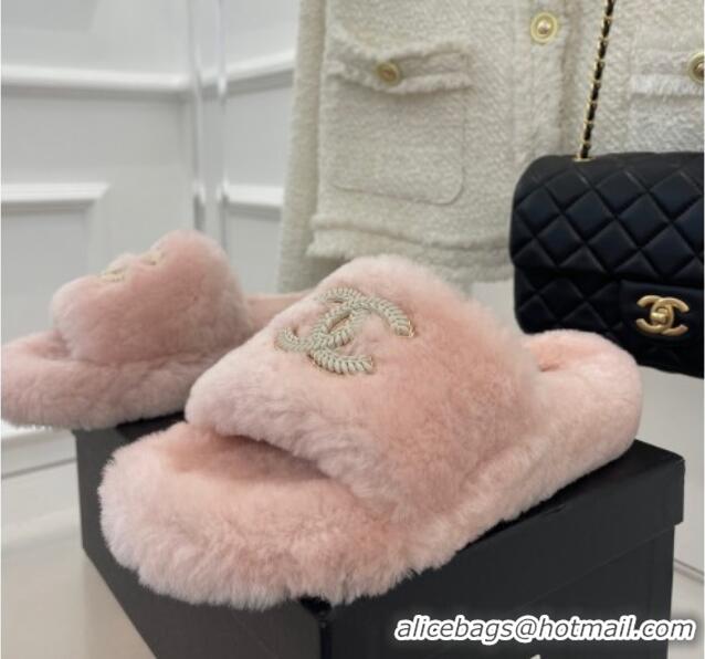 Good Taste Chanel Shearling Flat Slide Sandals Pink 090726