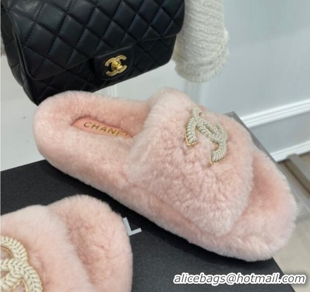 Good Taste Chanel Shearling Flat Slide Sandals Pink 090726