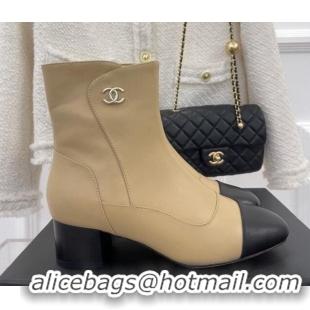 Discount Chanel Lambskin Heel Ankle Boots Beige 090728