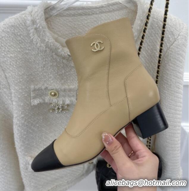 Discount Chanel Lambskin Heel Ankle Boots Beige 090728