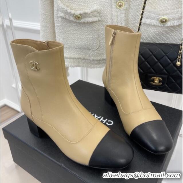 Discount Chanel Lambskin Heel Ankle Boots Beige 090728