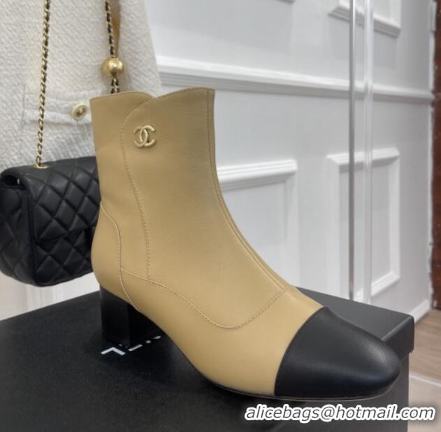 Discount Chanel Lambskin Heel Ankle Boots Beige 090728