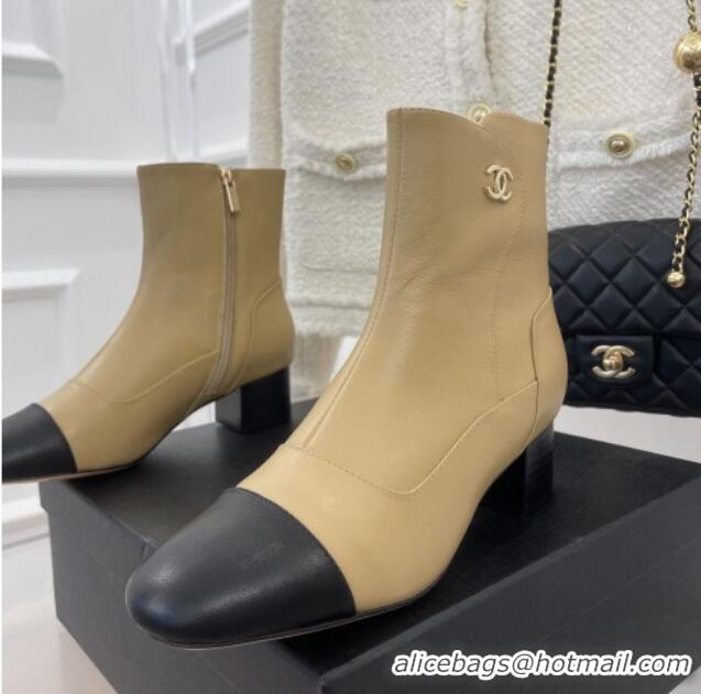 Discount Chanel Lambskin Heel Ankle Boots Beige 090728