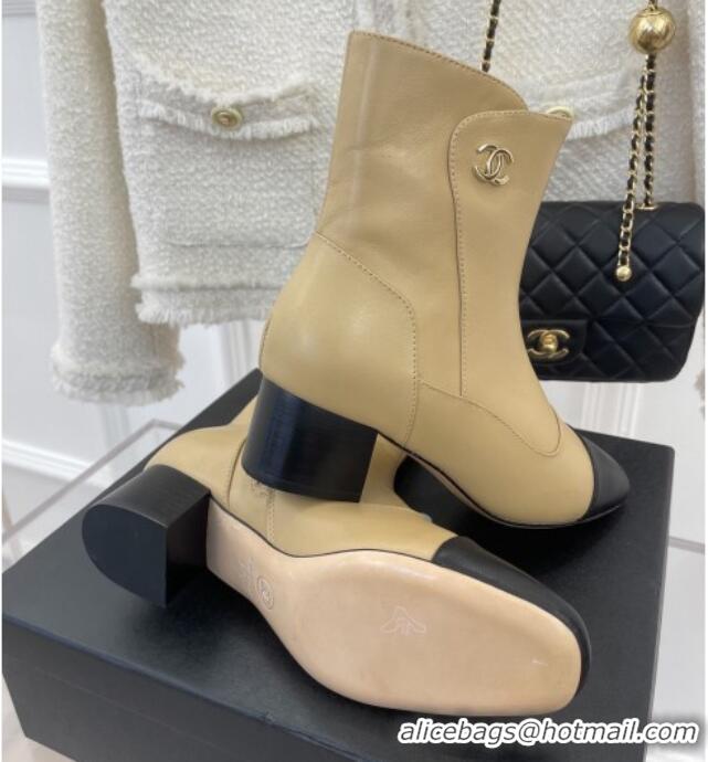 Discount Chanel Lambskin Heel Ankle Boots Beige 090728