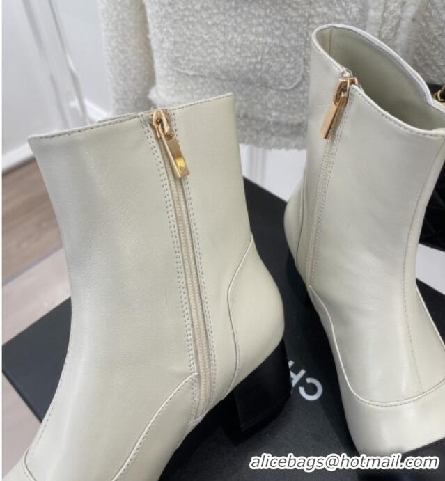 Top Quality Chanel Lambskin Heel Ankle Boots White 090729