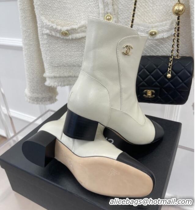 Top Quality Chanel Lambskin Heel Ankle Boots White 090729