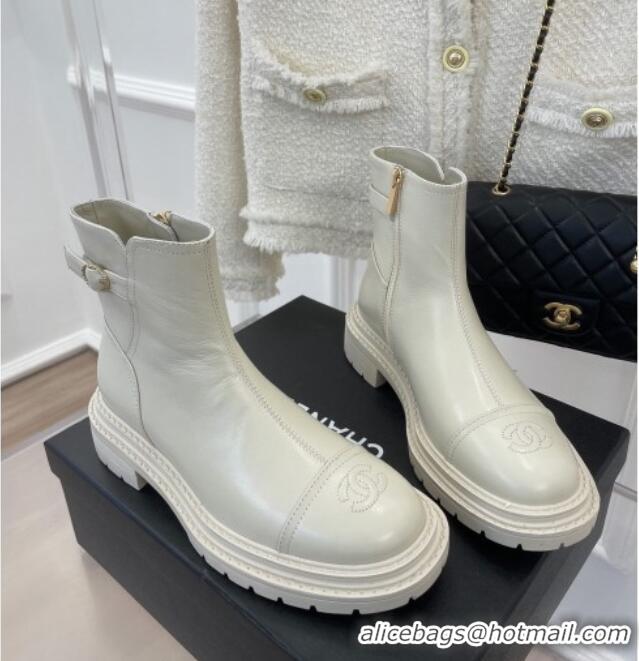 Affordable Price Chanel Lambskin Ankle Boots with Buckle White 090732