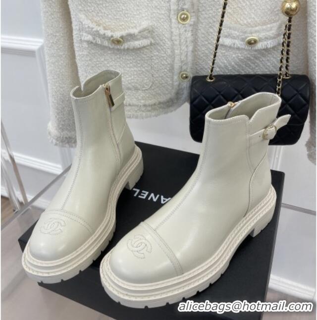 Affordable Price Chanel Lambskin Ankle Boots with Buckle White 090732