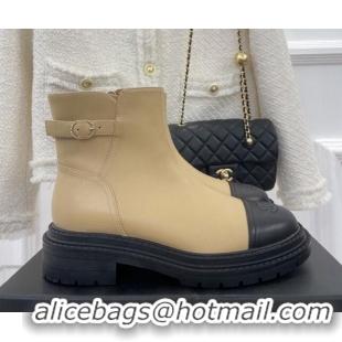 Durable Chanel Lambskin Ankle Boots with Buckle Beige 090731