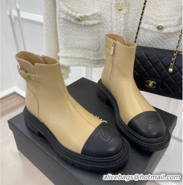 Durable Chanel Lambskin Ankle Boots with Buckle Beige 090731