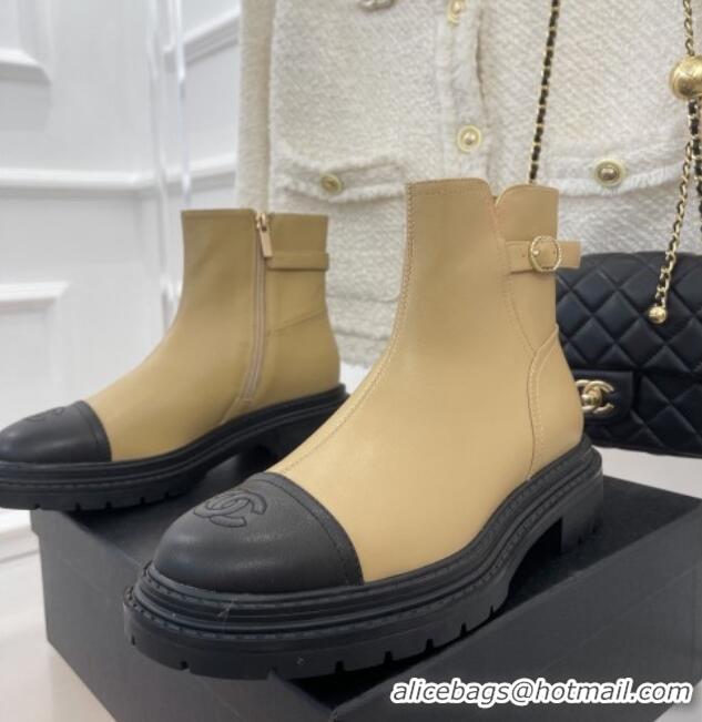 Durable Chanel Lambskin Ankle Boots with Buckle Beige 090731