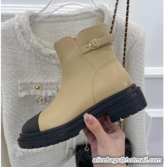 Durable Chanel Lambskin Ankle Boots with Buckle Beige 090731