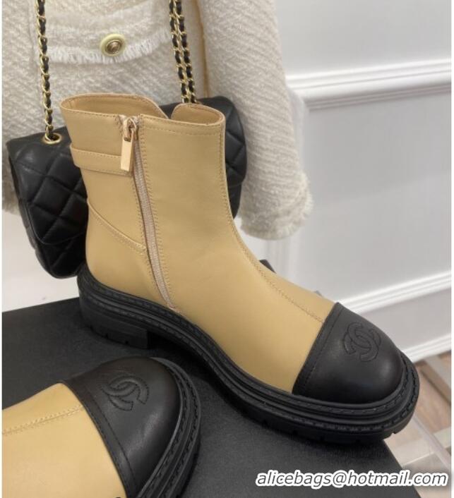 Durable Chanel Lambskin Ankle Boots with Buckle Beige 090731