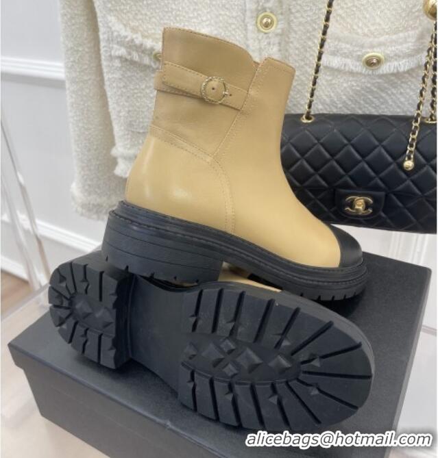 Durable Chanel Lambskin Ankle Boots with Buckle Beige 090731