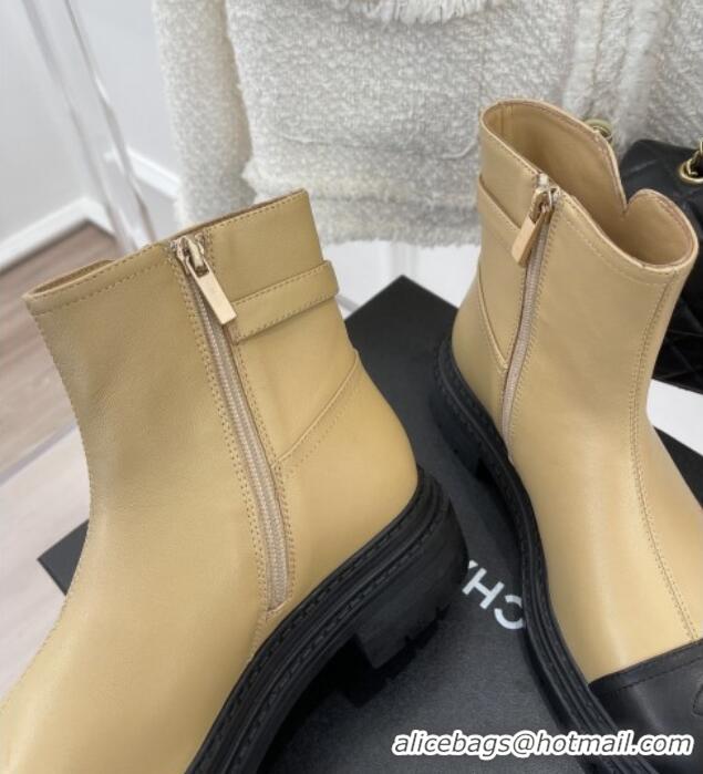 Durable Chanel Lambskin Ankle Boots with Buckle Beige 090731