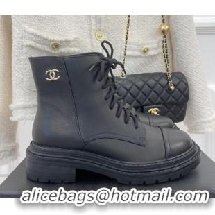 New Style Chanel Lambskin Lace-up Ankle Boots Black 090733