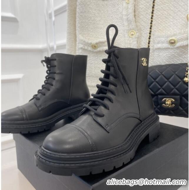 New Style Chanel Lambskin Lace-up Ankle Boots Black 090733