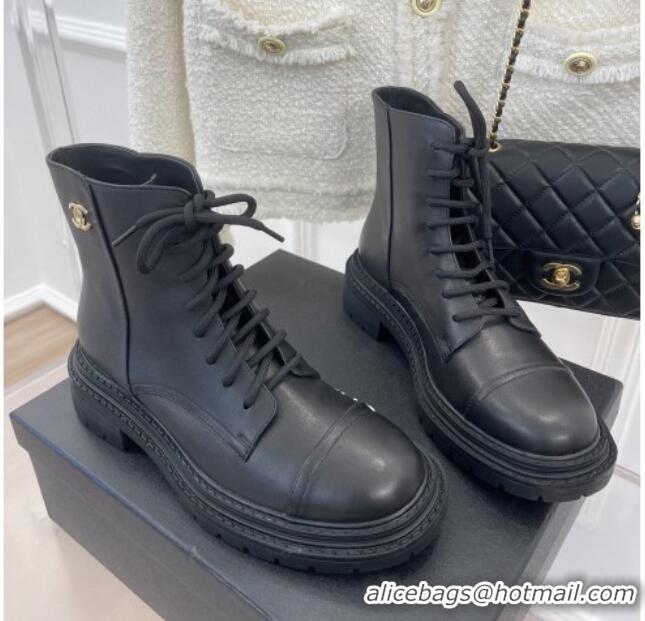 New Style Chanel Lambskin Lace-up Ankle Boots Black 090733