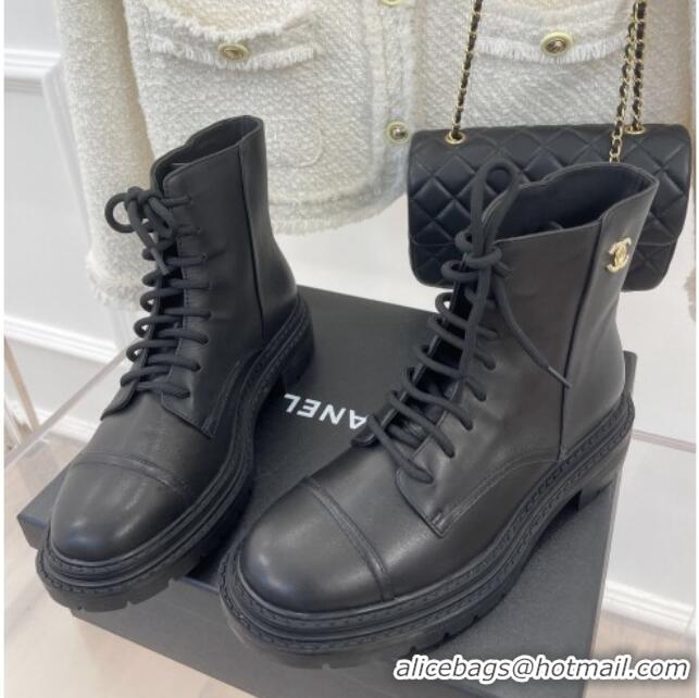 New Style Chanel Lambskin Lace-up Ankle Boots Black 090733