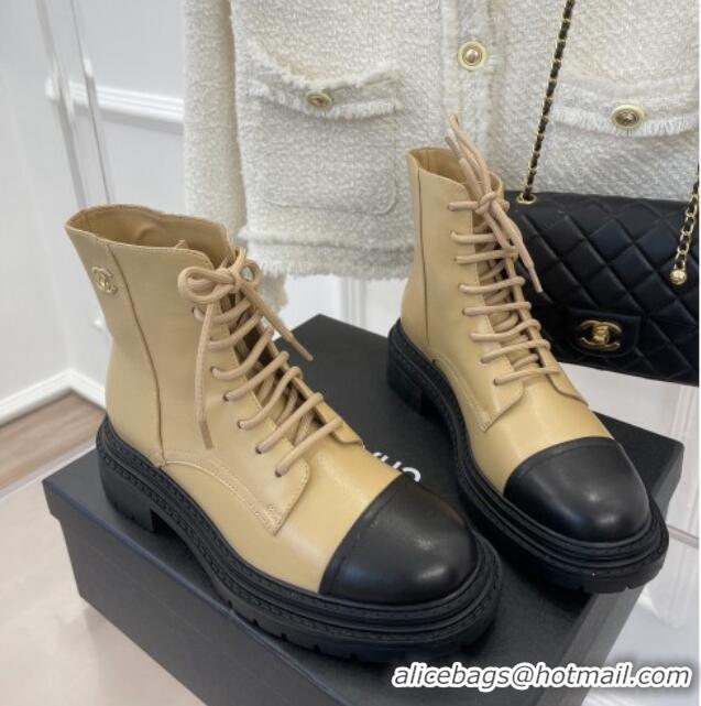 Best Price Chanel Lambskin Lace-up Ankle Boots Beige 090734