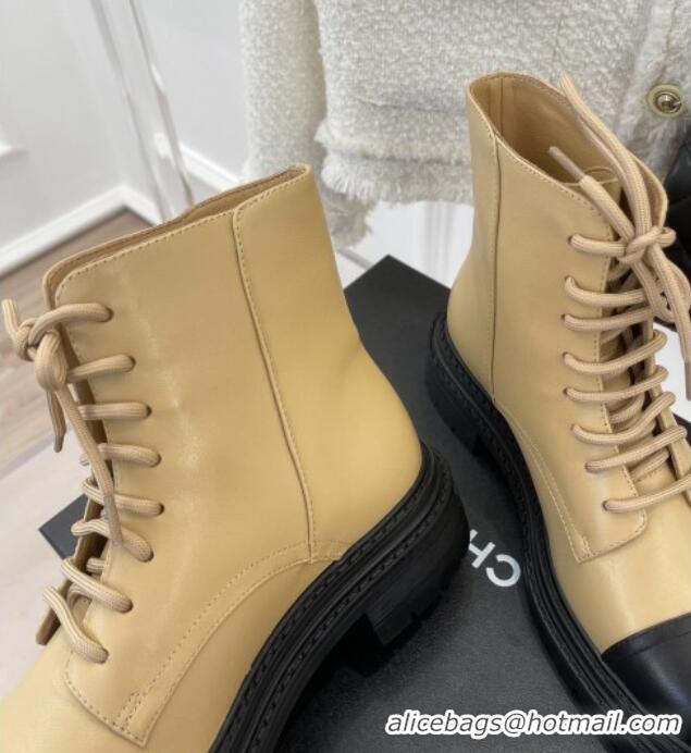 Best Price Chanel Lambskin Lace-up Ankle Boots Beige 090734