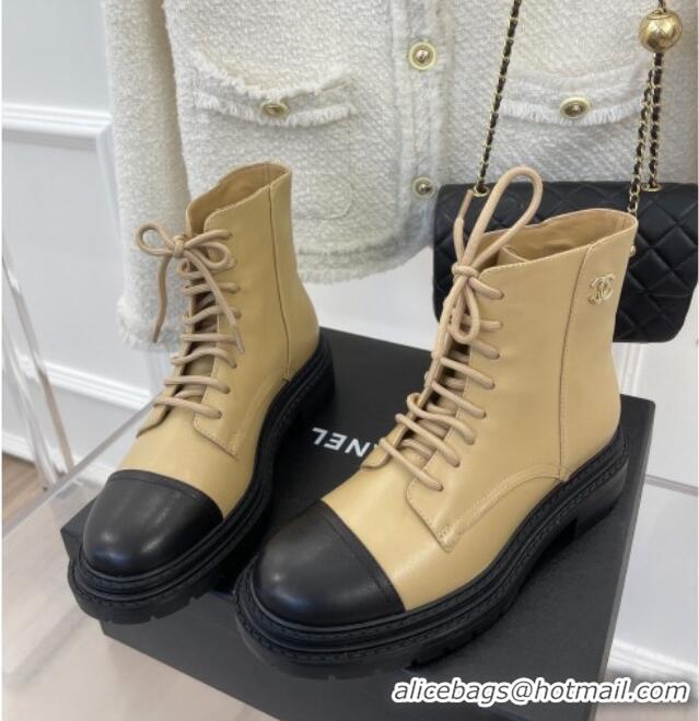 Best Price Chanel Lambskin Lace-up Ankle Boots Beige 090734