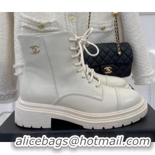 Low Price Chanel Lambskin Lace-up Ankle Boots White 090735