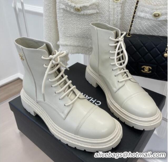 Low Price Chanel Lambskin Lace-up Ankle Boots White 090735