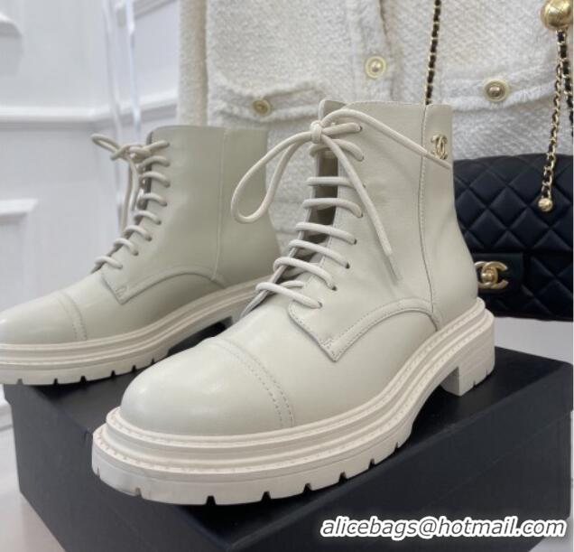 Low Price Chanel Lambskin Lace-up Ankle Boots White 090735