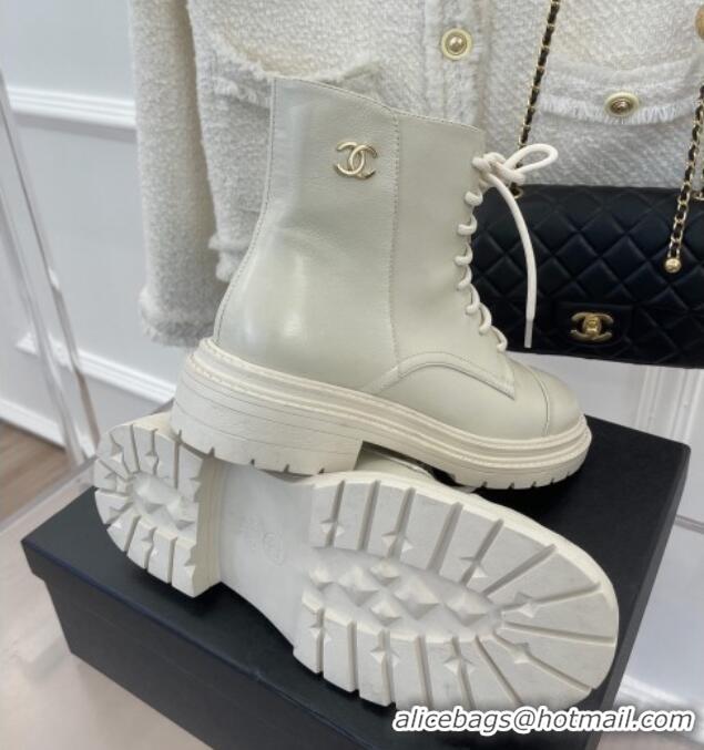 Low Price Chanel Lambskin Lace-up Ankle Boots White 090735