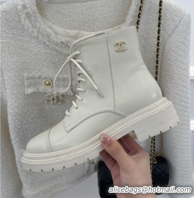 Low Price Chanel Lambskin Lace-up Ankle Boots White 090735