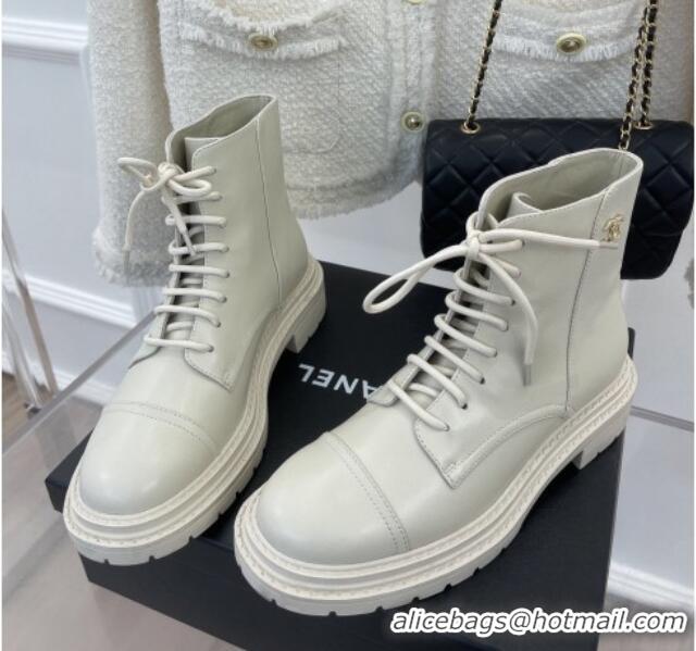 Low Price Chanel Lambskin Lace-up Ankle Boots White 090735