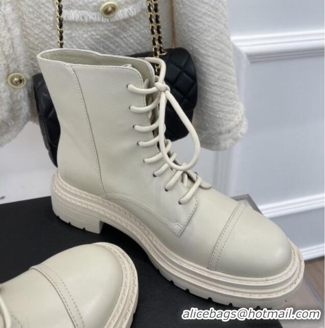 Low Price Chanel Lambskin Lace-up Ankle Boots White 090735