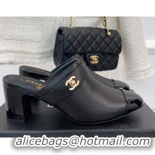 Perfect Chanel Lambskin Heel Mules Black 090736