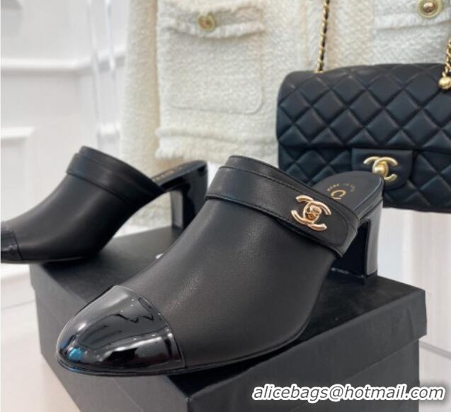 Perfect Chanel Lambskin Heel Mules Black 090736